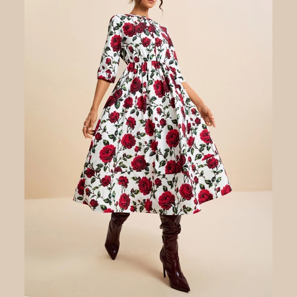 Ivory Red Rose Print Round Neck Half Sleeve A-Line Midi Dress